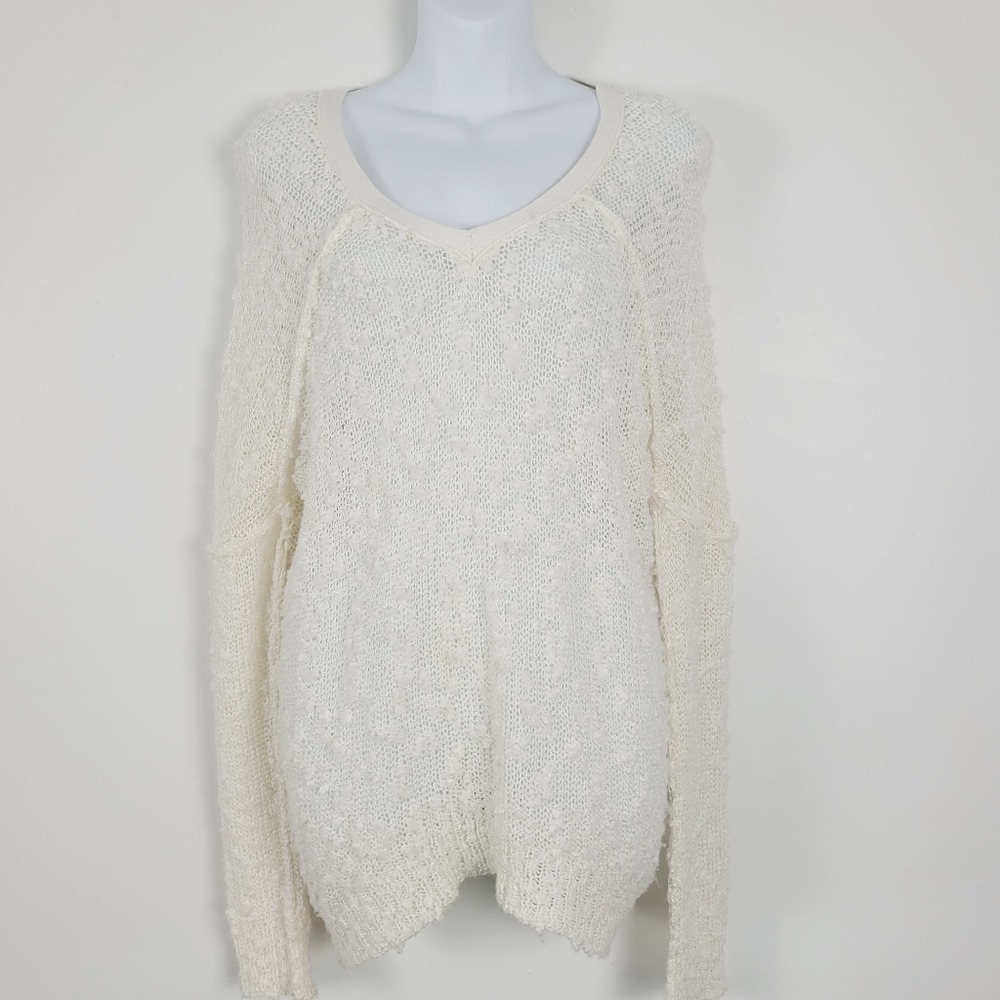Elan Cream Loose Knit V Neck Drop‎ Shoulder Bobble Sweater